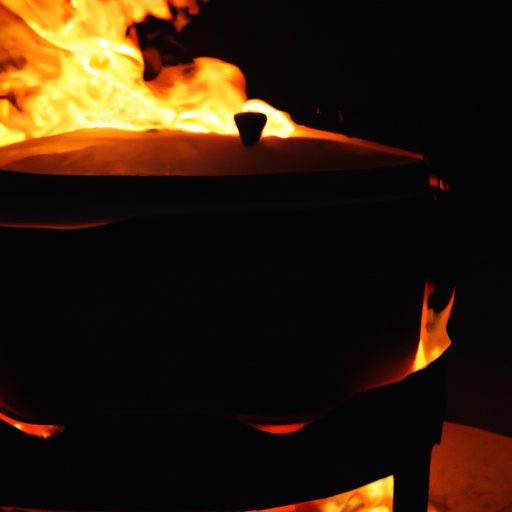 A Dutch oven placed on a campfire, surrounded by glowing embers, creating a cozy outdoor cooking scene.