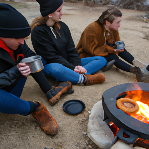 A group of friends sitting around a campfire, enjoying the process of cooking Dutch oven desserts.